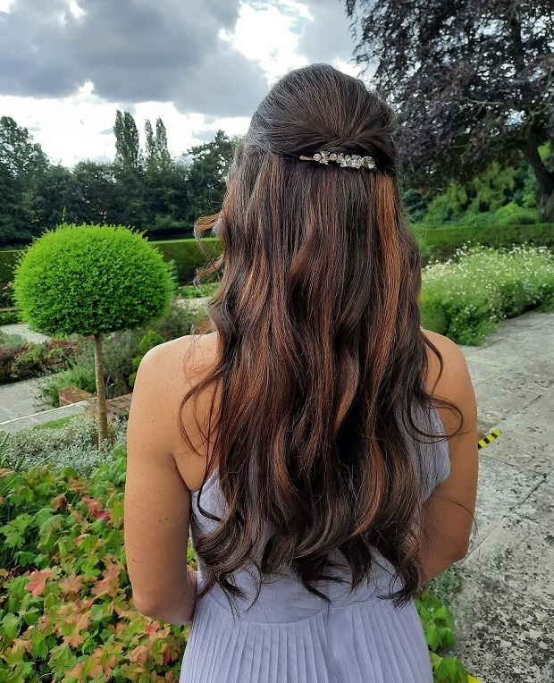 Beautiful Bridesmaid Hair style idea - half-up half-down on wedding day - long brown hair - wearing clip in hair extensions
